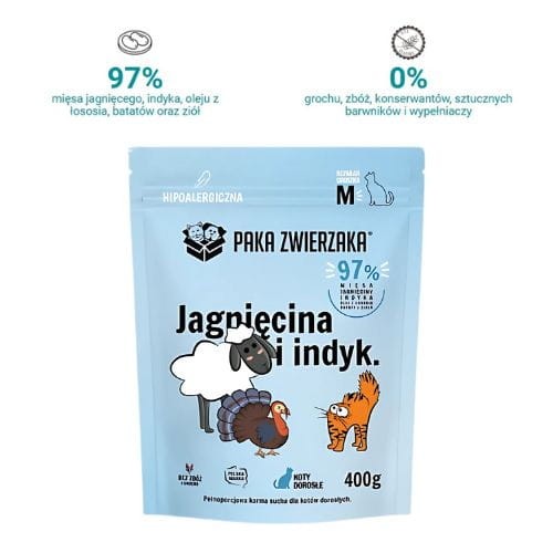 Paka Zwierzaka Jagnięcina z indykiem M 400 g sucha karma dla kota