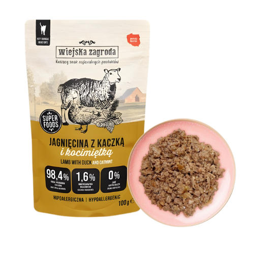 Wiejska Zagroda Jagnięcina z kaczką i kocimiętką 100g Mokra karma dla kota zoomisia.png