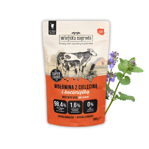 Wiejska Zagroda Wołowina z cielęciną i kocimiętką 100g Mokra karma dla kota kociomiętka.png