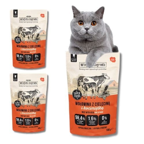 Wiejska Zagroda Wołowina z cielęciną i kocimiętką 3x100g Mokra karma dla kota.jpg