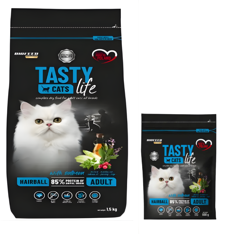 BioFeed Tasty Cats Life Hairball Łosoś 1,5 kg Karma odkłaczająca + 600 g gratis