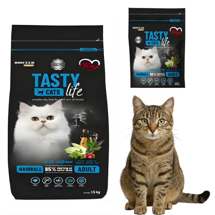 BioFeed Tasty Cats Life Hairball Łosoś 1,5 kg Karma odkłaczająca + 600 g gratis