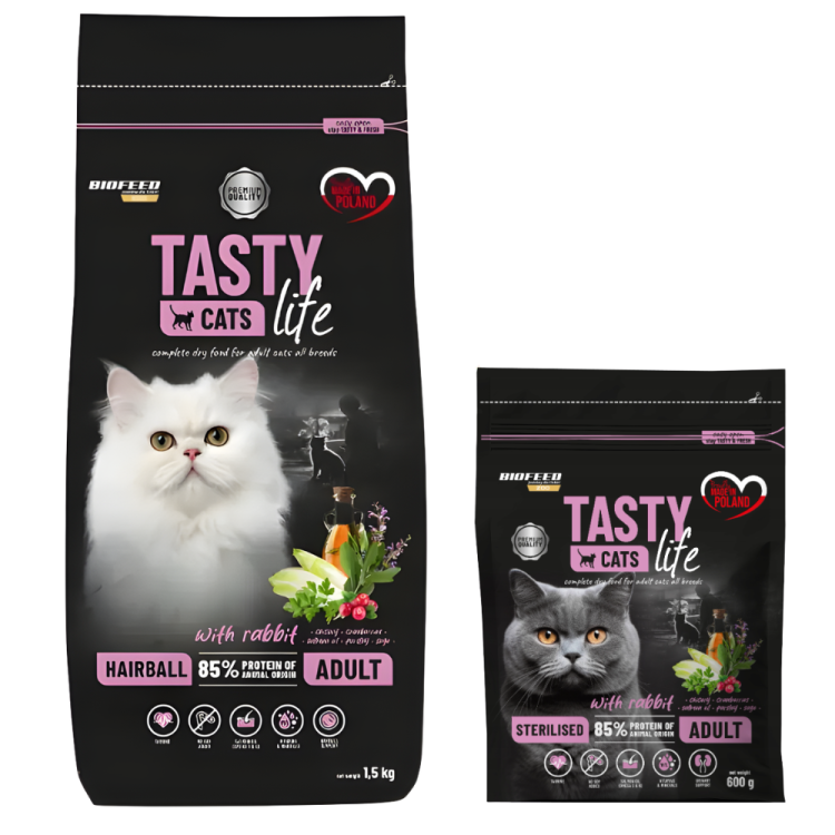 BioFeed Tasty Cats Life Hairball Królik 1,5 kg Karma odkłaczająca dla kota + 600 g gratis