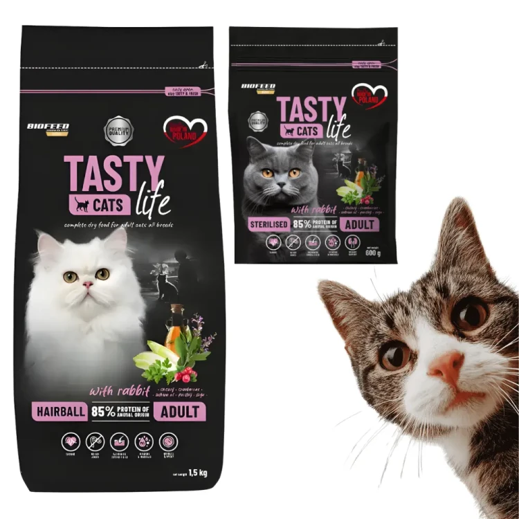 BioFeed Tasty Cats Life Hairball Królik 1,5 kg Karma odkłaczająca dla kota + 600 g gratis