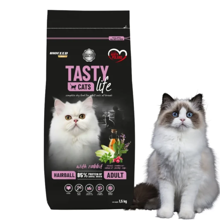 BioFeed Tasty Cats Life Hairball Królik 1,5 kg Karma odkłaczająca dla kota + 600 g gratis
