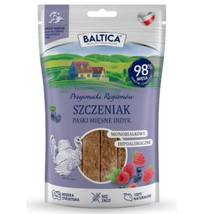 Baltica Szczeniak Paski Mięsne Indyk 90g zdrowe przysmaki trenerki gryzaki