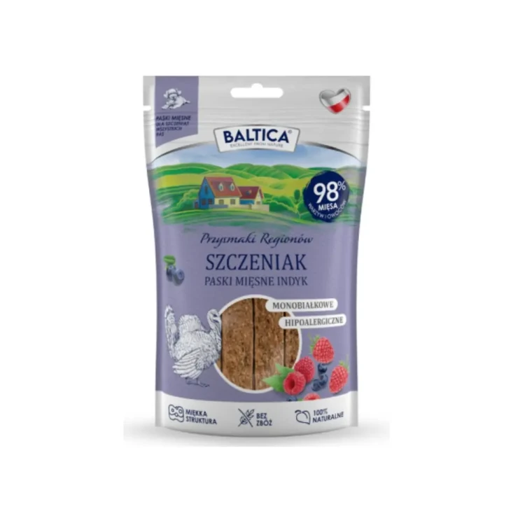 Baltica Szczeniak Paski Mięsne Indyk 90g zdrowe przysmaki trenerki gryzaki