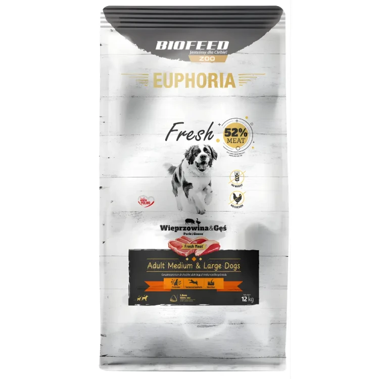 Euphoria Fresh Meat Adult 12kg Wieprzowina i Gęś Wspiera odporność psa M/L