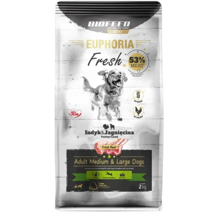 EUPHORIA Fresh Meat Indyk z Jagnięciną 2 kg M/L – karma sucha dla psów średnich i dużych ras