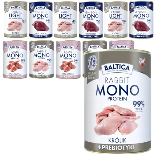 Baltica Mono mix smakow 12x400g (11+1 gratis) Mokra karma dla psa z królikiem i prebiotykami
