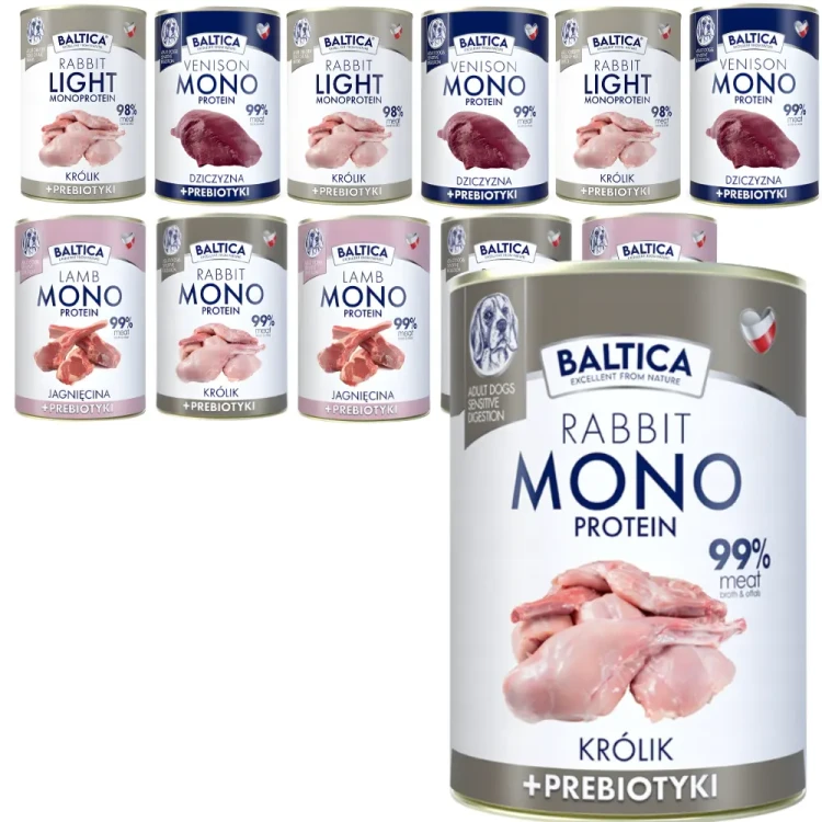Baltica Mono mix smakow 12x400g (11+1 gratis) Mokra karma dla psa z królikiem i prebiotykami