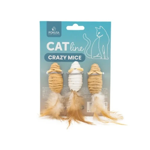 Crazy Mice Myszki z piórami i sznurka 3szt Zabawka dla kota w każdym wieku