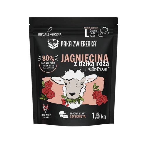Paka Zwierzaka Jagnięcina z Dziką Różą Puppy L 1,5kg Karma sucha dla psa