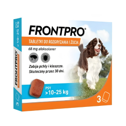 Frontpro 68mg 3 szt. Smakowite tabletki na kleszcze i pchły dla psa 10-25kg