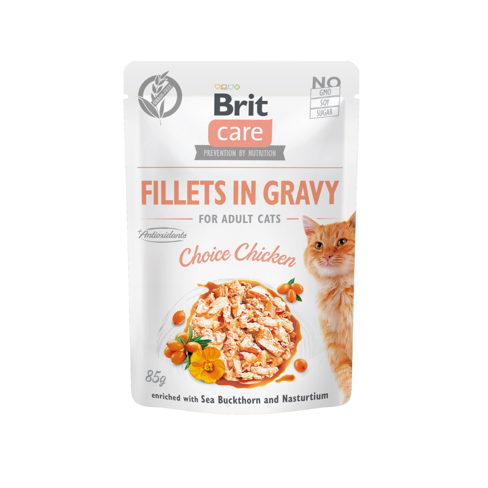 Brit Care Cat Pouches Fillets in Gravy, kurczak, rokitnik zwyczajny i nasturcja
