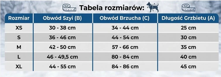 tabela rozmiarów kapoku dla psa xl